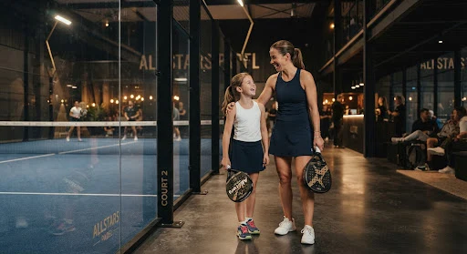 Concept illustration of a parent and child at a padel venue.